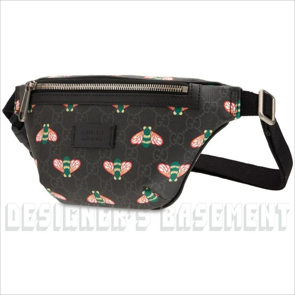 GUCCI black leather BESTIARY Bee GG Supreme canvas crossbody 90-36 Belt BUM bag